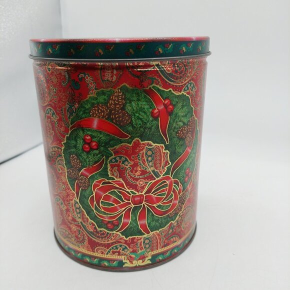 Christmas Tin Red Green Holly Paisley Ribbon Bow Floral Design 7" - Picture 4 of 10